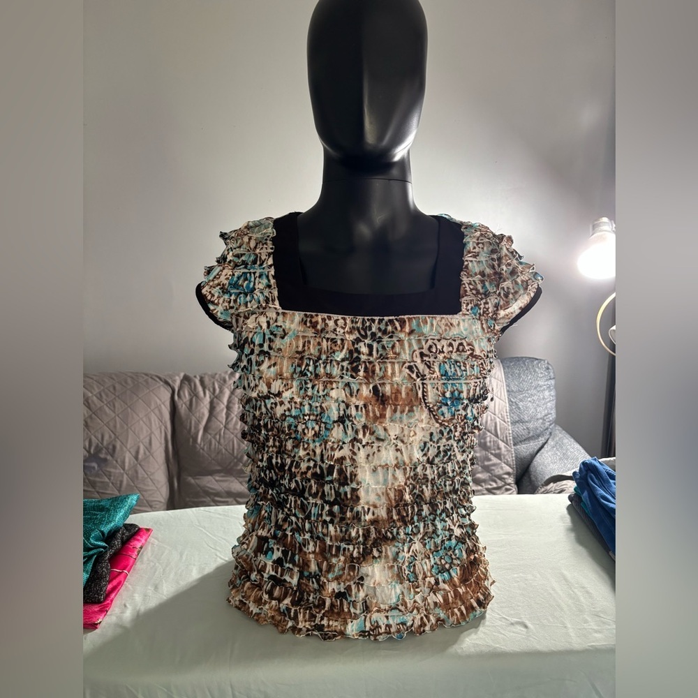 Cato Brown and Blue Ruffled Blouse
